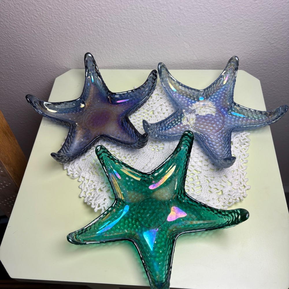 Vintage Set of 3 Blue Starfish Trinket Dish Mermaidcore Iridescent Glass